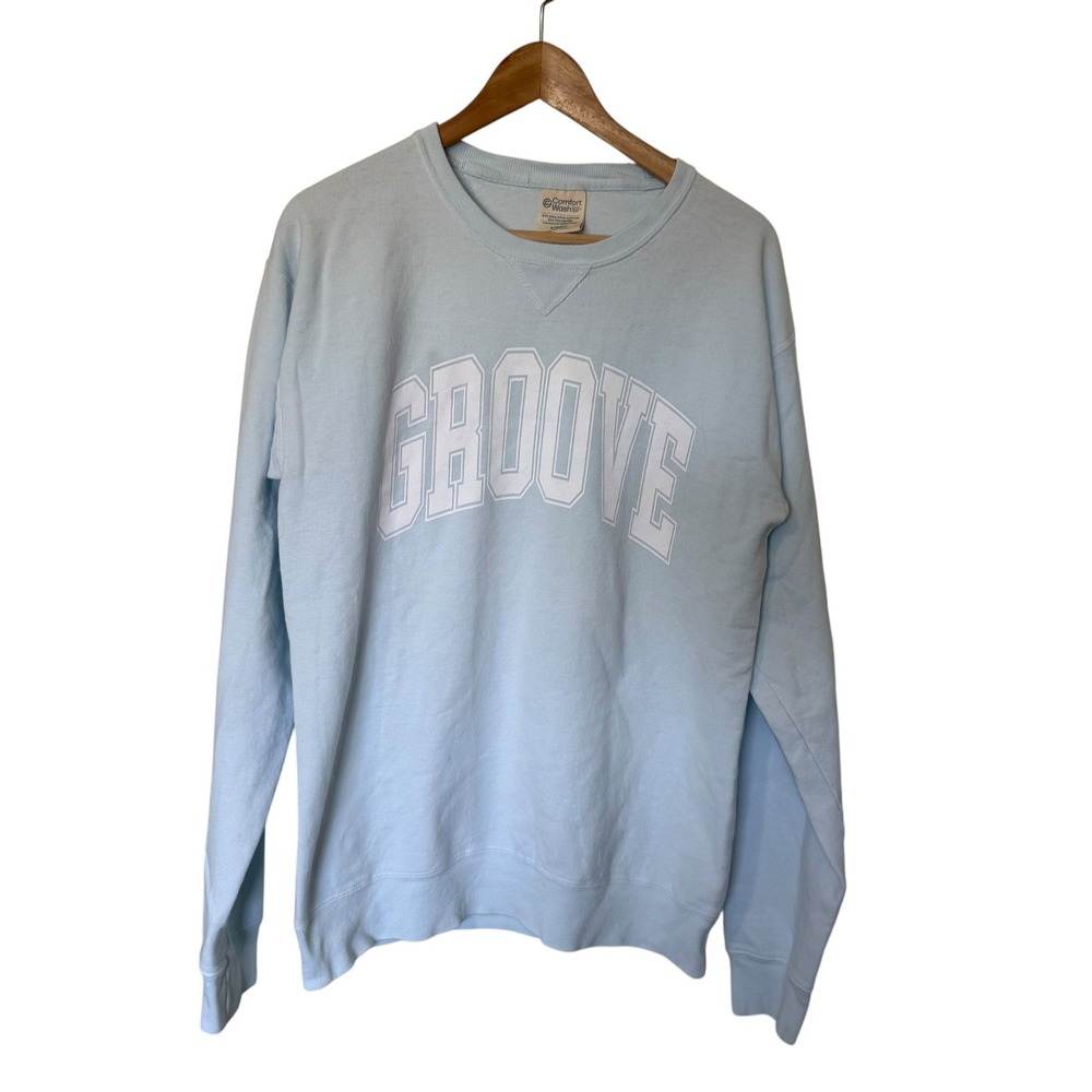Comfort Wash Sweatshirt Women Small Light Blue Excellent Groove Graphic‎ Varsity